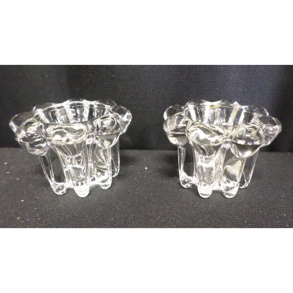 Home Decor Clear Crystal Glass Flower Design Candle Holder Taper Set 2